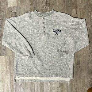 Vintage 1990s Dallas Cowboys NFL Football Embroidered Patch Grey Henley Sweater